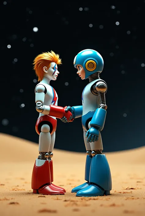 David Bowie with lightning bolt face makeup with mega man shaking hands with stars and sand