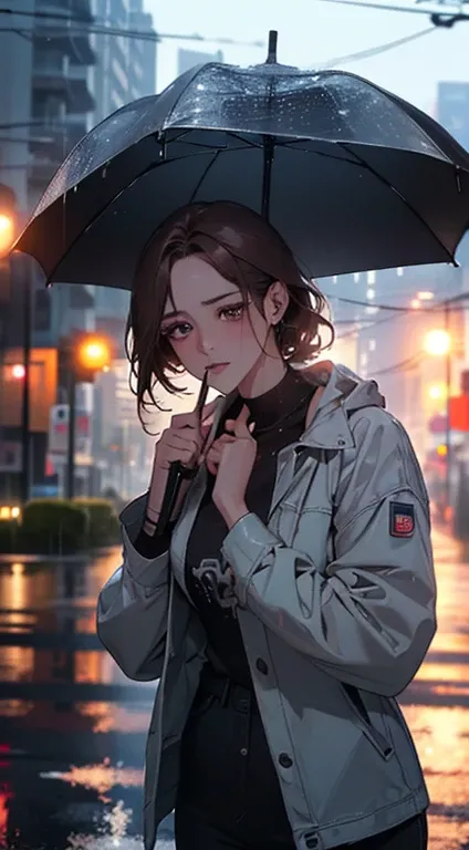 (8k, RAW photo,   best quality,   masterpiece:1.2), (realistic, photo-realistic:1.37), omertosa, 1 , (Kpop idol), (aegyo sal:1), ,   cityscape, rain, wet,     professional lighting  ,   photon mapping, radiosity,    physical rendering   ,,   dark hair