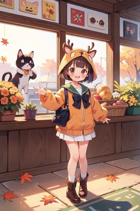 (     top quality , portable ,     very detailed from outside the window ),    girl  ，deer，    ピンクのふわふわのhair \(\),    hair,      short bob cut    ,     thick eyebrows ，     long sleeve sailor suit     ，     pleated skirt，     light blue ribbon     ，    bro...