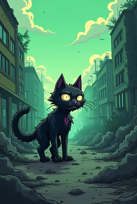 cartoon of a black zombie cat walking around Chernobyl