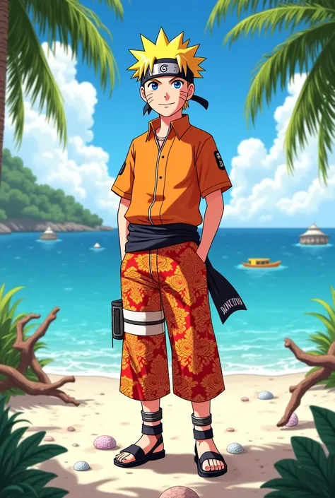 Naruto wears typical Indonesian Balinese clothes on a beach