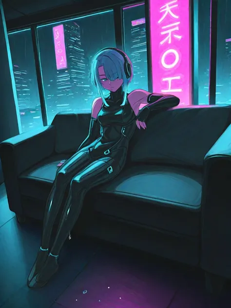 A cyberpunk living room on the 20th floor of a futuristic skyscraper in Tokyo, Japan. The room offers a breathtaking view of the entire city, illuminated by neon lights and holographic advertisements. Outside, heavy rain pours down, with raindrops pounding...