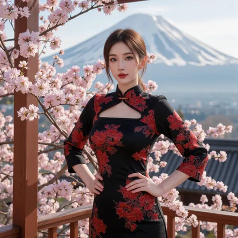 live-action, Japanese cherry blossoms and Mount Fuji background. a European women, Hands on Hips, pose sexy, she is wearing a black Chinese dress, red Japanese cherry Print, Luxurious Black Lace Long Chinese Dress Cheongsam Qipao, sexy and tight open chest...