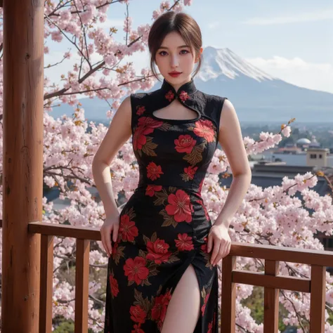 live-action, Japanese cherry blossoms and Mount Fuji background. a European women, Hands on Hips, pose sexy, she is wearing a black Chinese dress, red Japanese cherry Print, Luxurious Black Lace Long Chinese Dress Cheongsam Qipao, sexy and tight open chest...