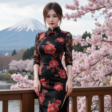 live-action, Japanese cherry blossoms and Mount Fuji background. a European women, Hands on Hips, pose sexy, she is wearing a black Chinese dress, red Japanese cherry Print, Luxurious Black Lace Long Chinese Dress Cheongsam Qipao, sexy and tight open chest...