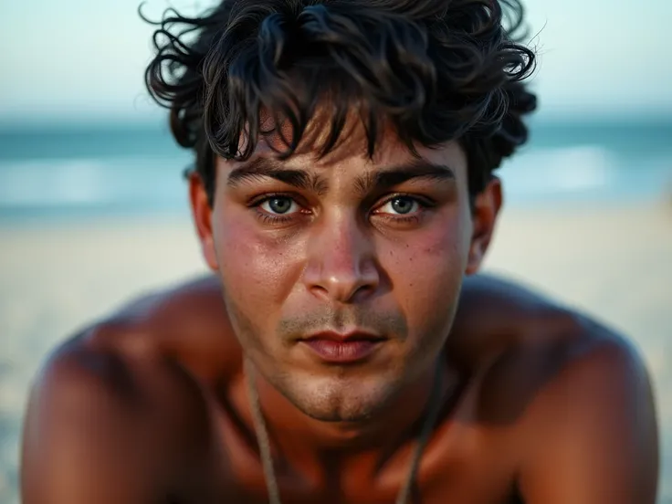 A photorealistic image of indian man, with deep brown eyes and soft, taken with a Canon EOS R5 and an 50mm lens. sitting on beach, The lighting is natural and soft,  His skin shows realistic textures. The background is blurred with a bokeh effect, The imag...