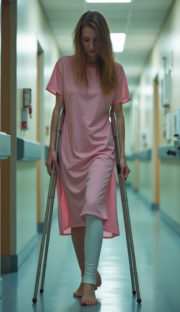 A woman, very thin and pale, very sad and crying, is wearing a pink hospital gown and bare feet, is walking in the hospital corridor with the help of crutches, her leg is in a cast with iron pins. This image must be extremely realistic.