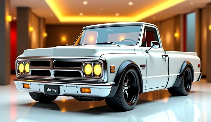 create an ultra-detailed 3D render full front view, of a model 1970 GMC Blue Chip with a bold design captured from full front view. The car should feature a 'Gleamy white' color with a ' GMC ' logo on its front, a large white detailed grille like rolls roy...