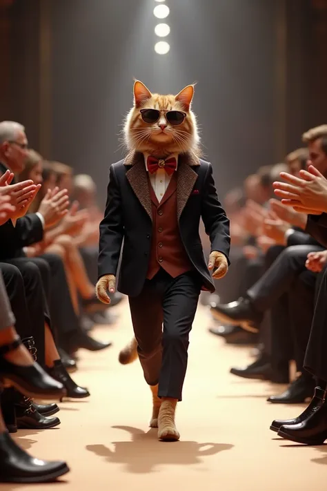  Cat wearing stylish human clothes confidently struts down a brightly lit fashion runway. On either side of the runway, a seated audience is applauding. The atmosphere is glamorous.