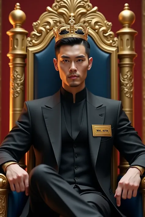 Create a highly detailed and cinematic digital artwork of a regal man seated on a grand royal throne. He has a sharp and dignified appearance, with fair skin resembling a Chinese noble and a stylish **mid-fade haircut**. A majestic **golden crown** rests u...