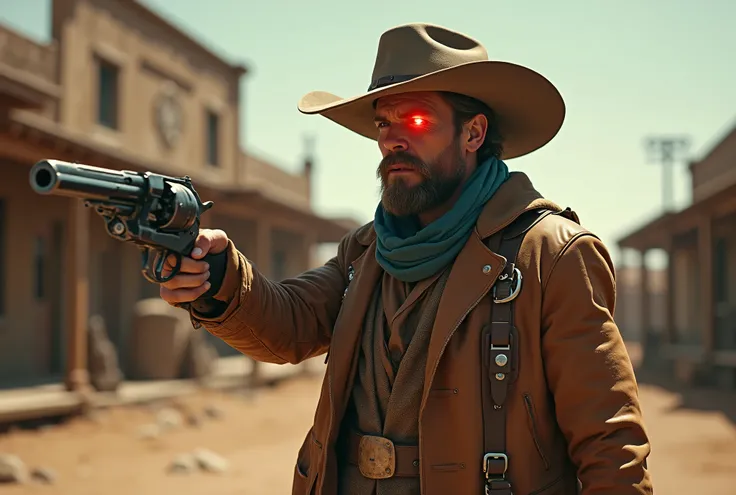 A rugged cowboy with cybernetic enhancements stands in a dusty frontier town, wearing a worn-out leather duster with integrated circuitry. His left eye is a glowing red lens, scanning the environment. His revolver, a fusion of brass and steel, emits a fain...