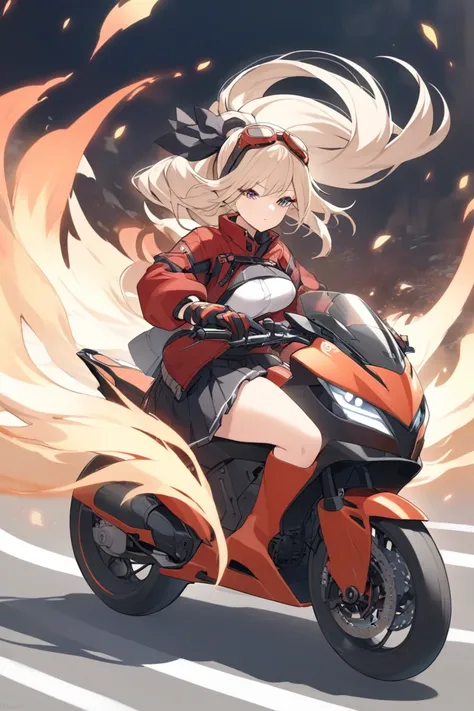 A young woman with a curvaceous build. Her hair is white and she wears it in a high ponytail,  which gives her a youthful and energetic look .  Her eyes are a vibrant shade of red ,  reflecting her passionate nature and her affinity with the element fire ....