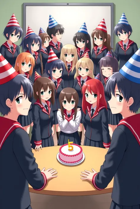 Create an image of 24 anime-style teenagers in a classroom celebrating a birthday party.

12 teenagers, 6 boys and 6 girls, are wearing black and red school uniforms with a red party hat with white stripes.

Another 12 teenagers, 12 girls, are dressed in w...