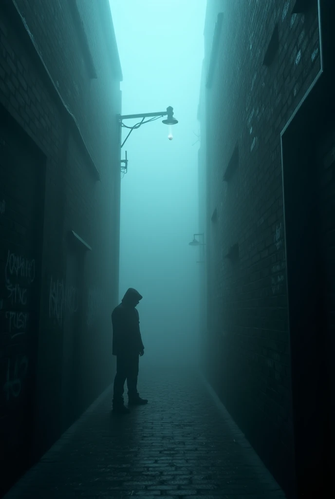 Creepy Foggy Alleyway – A narrow, dark alleyway shrouded in thick fog. A single flickering streetlight barely illuminates the path. At the far end, a shadowy figure stands motionless, its face obscured. The walls are covered in eerie graffiti, and distant ...