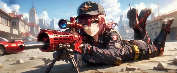 ultra-detailed, 1girl, akane nanao (akane wa tsumare somerareru), solo, ((masterpiece)), (best quality), (highres), 16K, reddish brown hair, short hair, hair between eyes, yellow hairclips, blue eyes, cap, wearing tactical clothes, fingerless gloves, tacti...