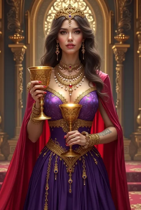  Create an image of a woman dressed in purple and red and adorned with gold jewelry, gemstones and pearls and in her hand a gold chalice .