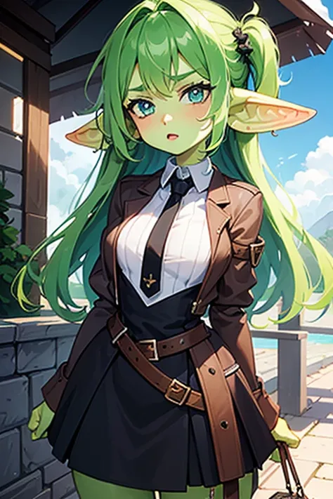 a girl, she is green, has a goblin body, wearing what a goblin wears