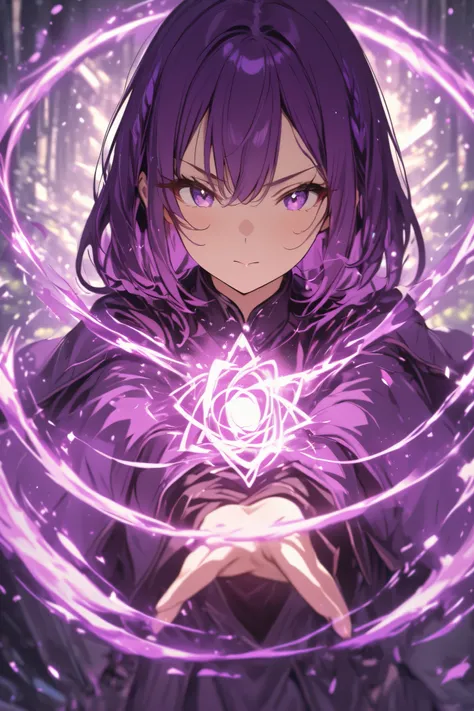 A girl with dark purple hair presenting a magic focus