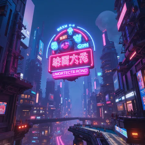 a cyber space city neon sign that says "SFW MEMES"