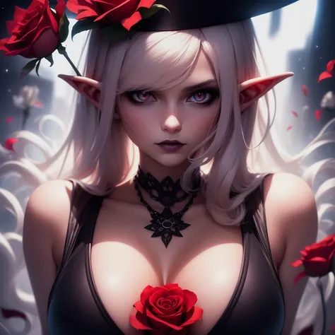 best quality, high-resolution, Necro woman, 1girl, elf, nsfw, sexy swimsuit, gothic makeup, powerful, time theme, floating in space, controlling dark sphere, top-hat with red rose, portrait, face focused,