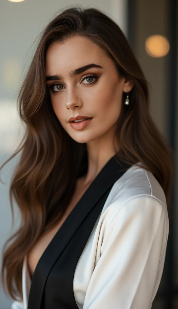 A tall woman, 1.72m tall, showing thick eyebrows that contrast with her delicate features and expressive eyes. Her long eyelashes highlight her striking expression even more. Her lips are made up in a sophisticated shade, ranging from nude to red, while he...