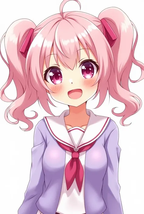 A high-quality anime-style illustration of a cheerful female character with light pink, twin-tailed hair styled in a messy yet cute fashion, with soft curls framing her face. Her large, sparkling pink eyes radiate warmth and energy. She wears a pastel purp...