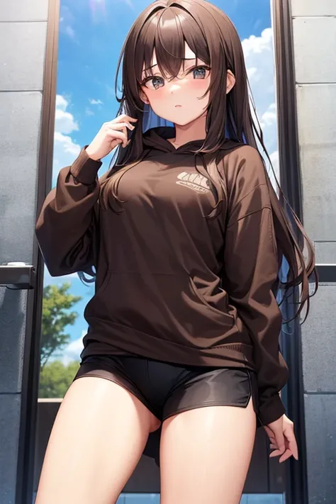 a 18 year old girl, she is really fit, brown hoodie, black shorts, long brown hair