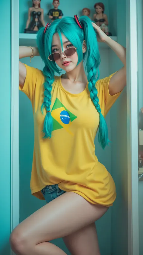 8k, masterpiece, highest quality, Korea's Beautiful Women, Eye-level viewpoint.  Hatsune Miku cosplay.  Teal wig.  Twintails.  Yellow shirt.  Brazilian flag. Denim shorts. Sunglasses. Playful pose.  Slight bend in leg.  Arms partially raised.  White door. ...