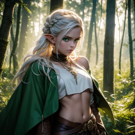 perfect face, pretty face, elf, 1girl, solo, forest, white hair, viking top braid, green eyes, leather, (skimpy low skirt), bare arms, (bare stomach),  (bare pelvis) , bare arms, short green cloak, dark, gritty, face focused, portrait, ear-rings, necklace,...