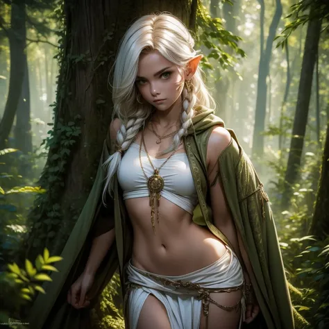 perfect face, pretty face, elf, 1girl, solo, forest, white hair, viking top braid, green eyes, leather, (skimpy low skirt), bare arms, (bare stomach),  (bare pelvis) , bare arms, short green cloak, dark, gritty, face focused, portrait, ear-rings, necklace,...