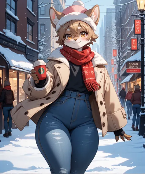  A femboy furry wolf ,  with light brown fur with white spots ,  very large thighs,  small waist,  giant butt ,  he wears aesthetic winter clothes , long dark blue jean pants ,  a long light brown gabardine coat, a red scarf ,  in the background the snowy ...