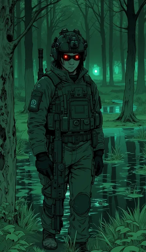 make an illustration of "Itachi Uchiha", wear: forest military uniform, black tactical military vest, tactical helmet with night vision mount, carry a firearm (M4 Assault Rifle: with grip and scope), when crossing the swamp, dark green light until dark, at...