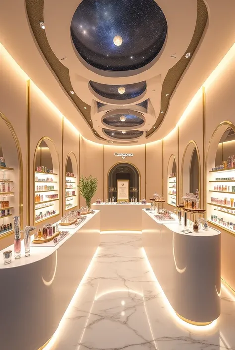 The Cassiopeia store should reflect luxury, elegance, and a celestial atmosphere, creating an immersive shopping experience. The interior can feature soft, ambient lighting with a glowing ceiling that mimics a starry night sky, enhancing the cosmic theme. ...