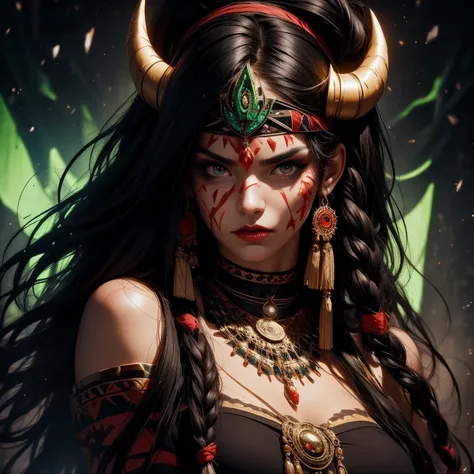 score_9, score_8_up, score_7_up, solo, 1girl, beautiful, shaman, black hair, (long hair:1.3), side bangs, bandana with 2horns, barbarian, gladiator, face-paint, red lips, green_eyes, (smug, dramatic lights, face focused, portrait,