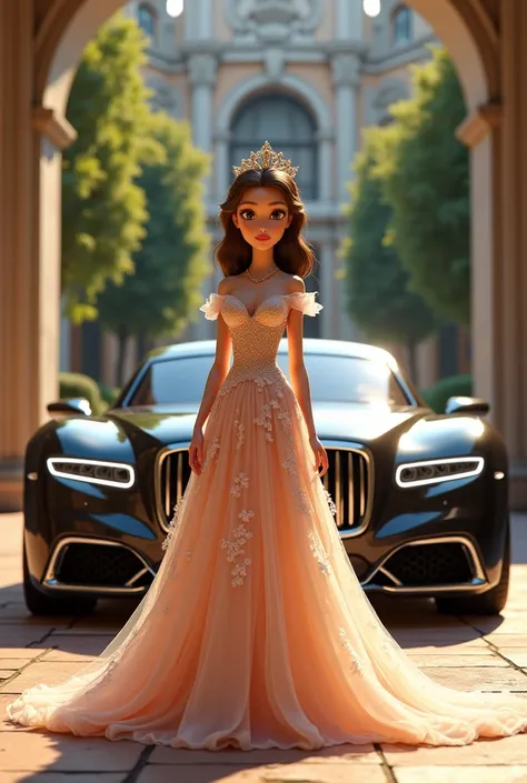 Big car and a cute girl princess standing Infront of than