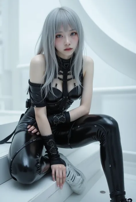 A captivating fashion-forward piece showcasing a 20-year-old cute Japanese model with an hourglass figure, a very slender waist, and a tiny head adorned with gray hair and large blue eyes. Her upper body is adorned with a spider-web-like harness, intricate...