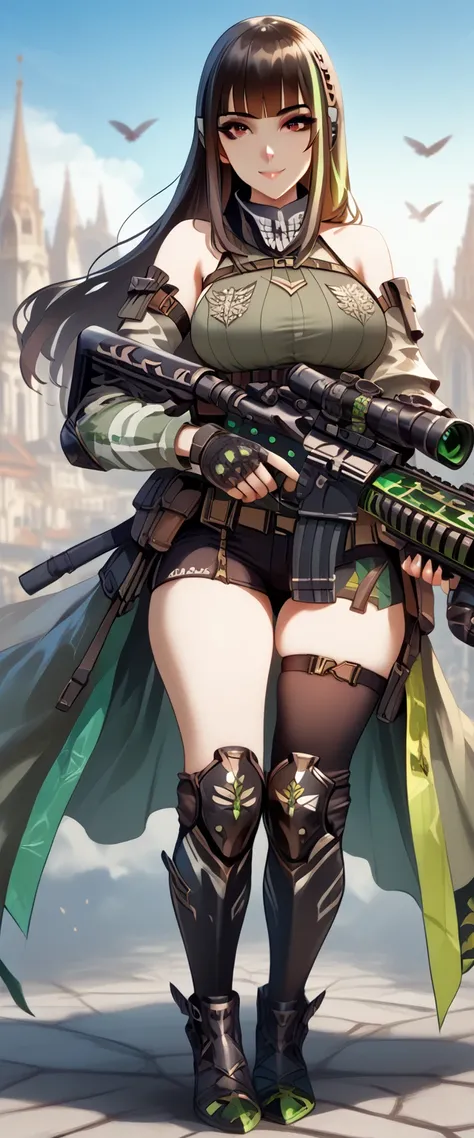 ultra-detailed, 1girl, M4A1, ((masterpiece)), (best quality), (highres), 16K, green hair, black hair, blunt bangs, long hair, multicolored hair, sidelocks, split-color hair, two-tone hair, straight hair, streaked hair, brown eyes, cap, wearing tactical clo...