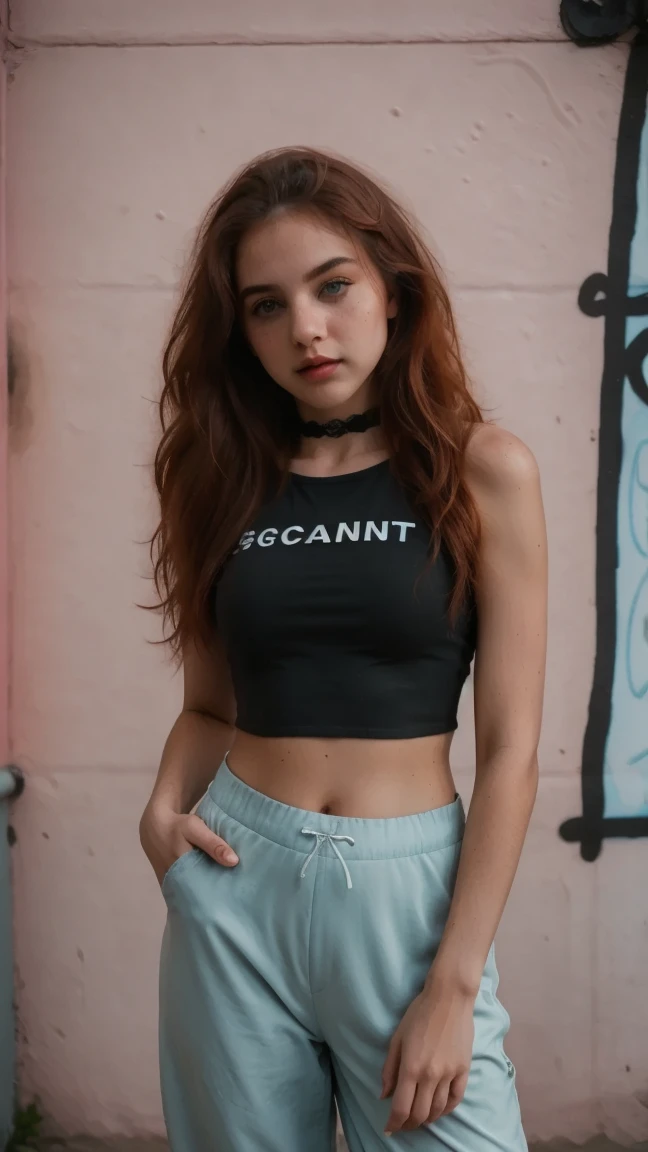 sienna, gorgeus cute girl, (crop top), braided hair, comics printed shirt, oversized jogger pants, backstreet, (graffiti on the wall), hands in pockets, detailed skin, elegant, alluring, attractive, amazing photograph, DSLR, 80mm Sigma f2, depth of field, ...