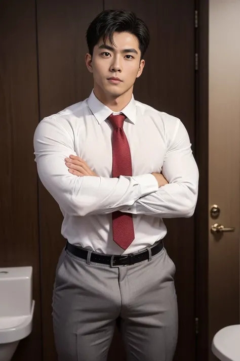 Chinese,  40 years old , Wearing a suit,    Handsome Asian muscle man  ，   Fitted fabric outlines chest   、gendery ,   Handsome ，   muscular  ， looks good、   furry body  ,      full body photo  片  ,(   Super Fine  ,   realistic pictures  ,    is the best q...