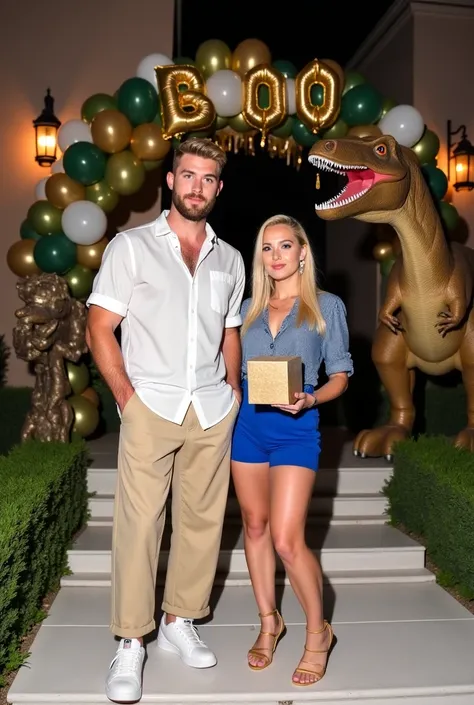 Couple at a ren's birthday with Dinosaur-themed entry. man Theo James , 27 years old, model, Super tall and strong, muscular, strong physique,  short beard ,  classic light blonde hair ,  square face ,  light white skin ,  blue eyes, forte e muscular, wear...