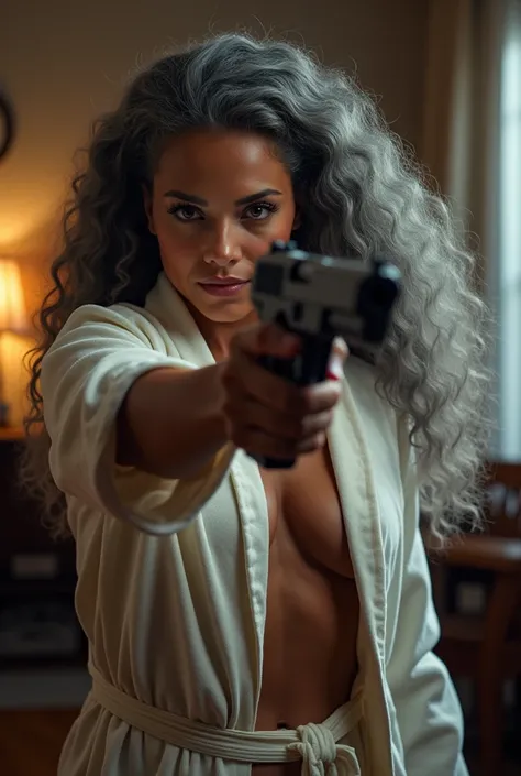 A beautiful youthful looking Filipino version of Ariana Grande as a 50 years old woman with long curly completely gray hair as the superhero Daisy Johnson from Agents of S.H.I.E.L.D wearing a bathrobe hold a gun in her hands pointing a gun at another woman...