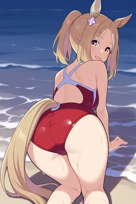 Narita Top Road (umamusume), 1 girl, ponytail, solo, blonde ponytail, wet hair, not looking at viewer, not looking, wet, on the beach, in a beautiful red swimsuit, Umamusume, horse ears, horse girl, animal ears, Narita Top Road, highlighted hair, medium ha...