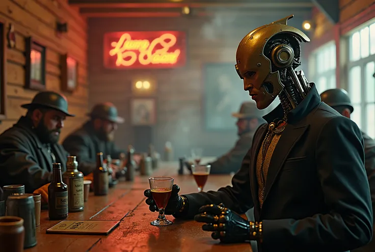 A high-tech saloon in a dusty western town, with the bartender, a humanoid automaton with a brass-plated face, polishing a glass with mechanical precision. Neon lights flicker against the wooden walls, casting an eerie glow over the smoke-filled room. The ...