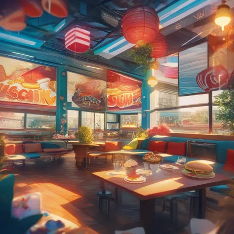 Create a background that is an image of a typical American restaurant. The image is from the interior of the restaurant. The restaurant is very bright, colorful and cheerful. On the tables there are burgers, shakes and soft drinks. the style of the image i...