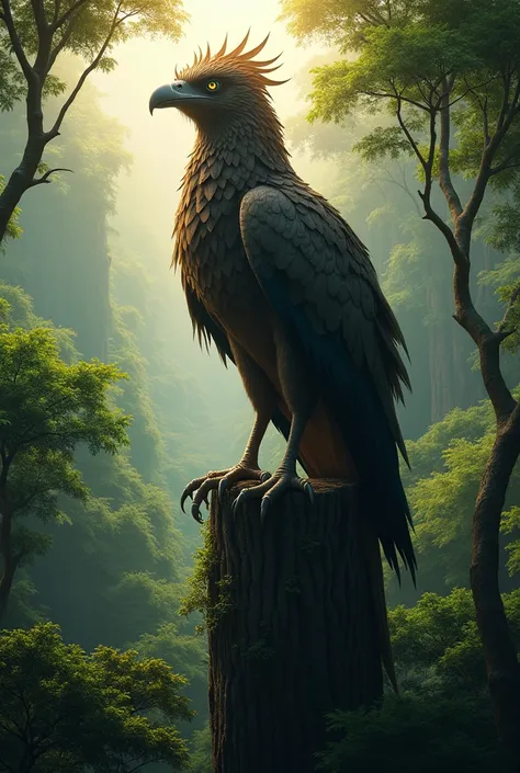 An imposing harpy ,  with powerful claws and a majestic crest ,  perched atop a tall tree in the Amazon."
