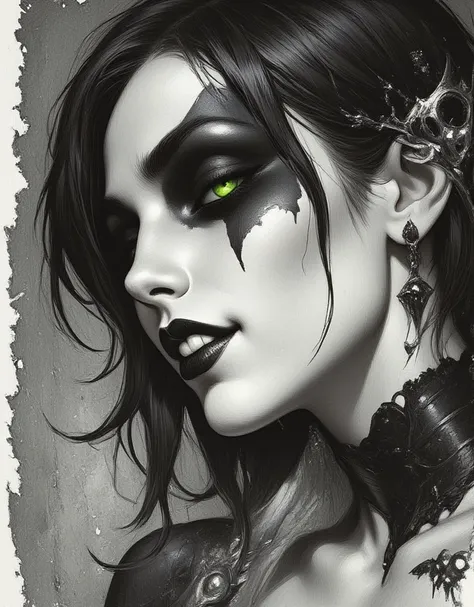 score_9, score_8_up, score_7_up, score_6_up,
fusion of watercolors and oil paintings, mix of monochrome and color, black ink.a close up of a sly goth girl with black makeup, a picture, tumblr, gothic art, big smile white teeth, l vampire, sexy face with fu...