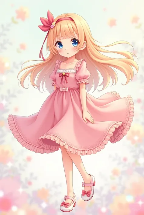 A girl with blond hair with loose and straight hair with some strawberry lases,  she has fair skin ,  blue eyes , a pink dress by fresitas with white and with pink and white heels. of anime