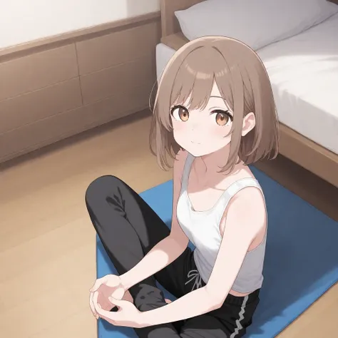 A young brown haired in white tank top and black pants sitting on a mat and doing meditation in her house room. Solo