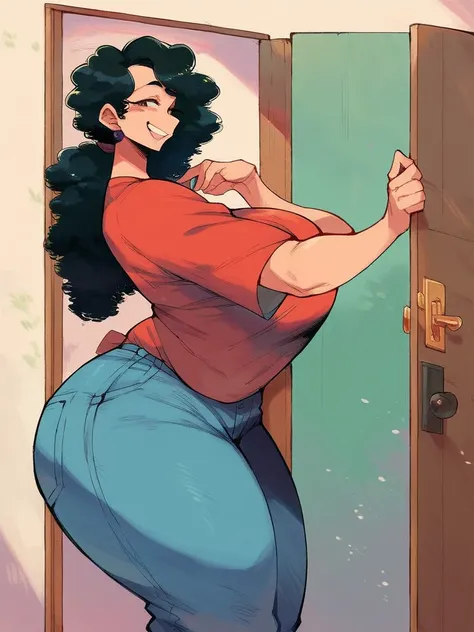 Female, milf, mature, black hair, long hair, single ponytail,curly hair,Mexican woman,red baggy shirt,jeans,smile, house door,((hentai)) gigantic boobs, gigantic ass,