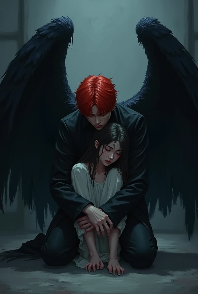 Hyunjin from SKZ with red hair and black wings sit on the floor and hugging angel girl with dark hair, she is hurt and crying